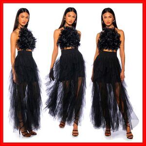 💋A BOMBSHELL!💋 RARE LAYERED RUFFLED TULLE MAXI SKIRT in BLACK